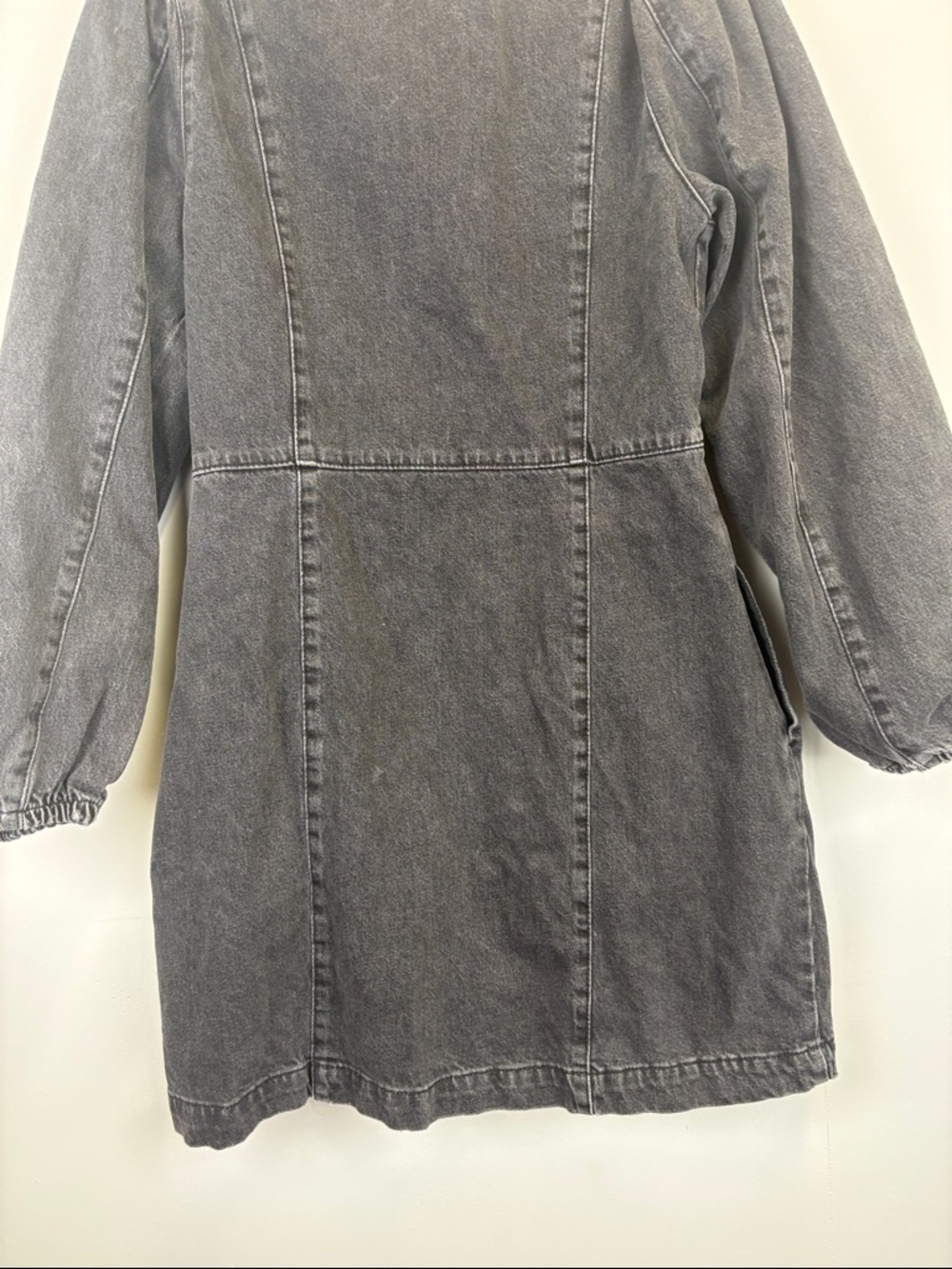Free People Black Denim Mini Dress Puff Sleeve Snap Front Shirt Dress Sz Medium - Picture 12 of 12